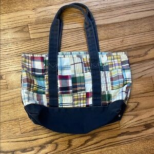 Vintage J. Crew Navy and Multicolor Patchwork 100% Cotton Tote Classic Preppy
